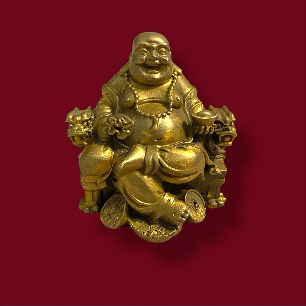 Laughing Buddha Statue Brass Feng Shui Wealth Figurine 3” H x 3” W x 3” D